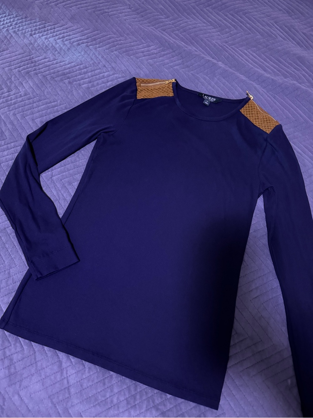 Lauren Ralph Lauren Navy Long-Sleeve Top with Brown Shoulder Panels